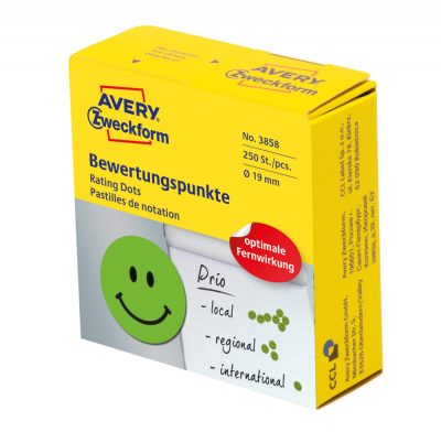 Avery Zweckform No. 3858 zöld színű, 19 mm átmérőjű, tekercses öntapadós motivációs matrica adagoló dobozban mosolygó arc piktogrammal - doboz tartalma: 1 tekercs, 250 darab címke