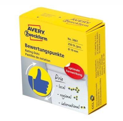 Avery Zweckform No. 3861 sárga színű, 19 mm átmérőjű, tekercses öntapadós motivációs matrica adagoló dobozban kék színű lájk piktogrammal - doboz tartalma: 1 tekercs, 250 darab címke