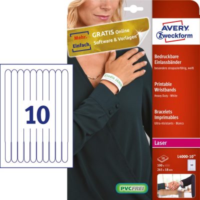 Avery Zweckform No. L4000-10 fehér színű 265 x 18 mm méretű, lézernyomtatóval nyomtatható, vízálló karszalag erős, tartós ragasztóval A4-es íven - kiszerelés: 100 karszalag / 10 ív