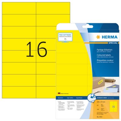 Herma No. 4551 sárga színű 105 x 37 mm méretű, univerzálisan nyomtatható, matt felületű öntapadós etikett címke, visszaszedhető ragasztóval A4-es íven - kiszerelés: 320 címke / 20 ív