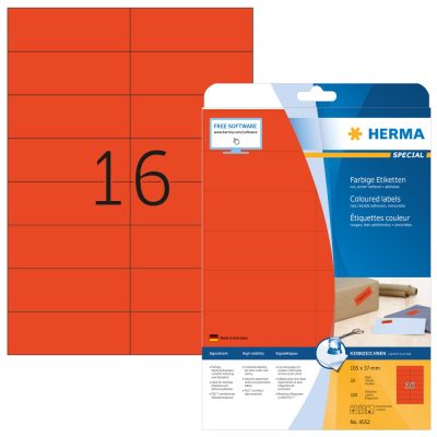 Herma No. 4552 piros színű 105 x 37 mm méretű, univerzálisan nyomtatható, matt felületű öntapadós etikett címke, visszaszedhető ragasztóval A4-es íven - kiszerelés: 320 címke / 20 ív