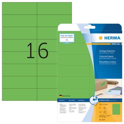 Herma No. 4554 zöld színű 105 x 37 mm méretű, univerzálisan nyomtatható, matt felületű öntapadós etikett címke, visszaszedhető ragasztóval A4-es íven - kiszerelés: 320 címke / 20 ív