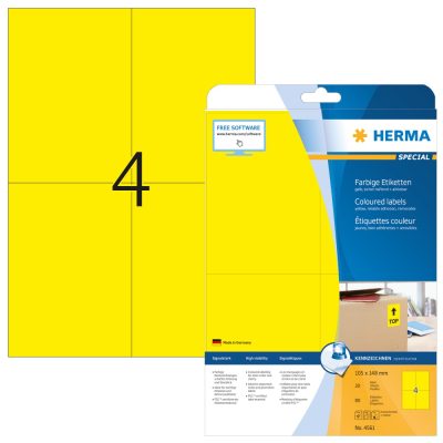 Herma No. 4561 sárga színű 105 x 148 mm méretű, univerzálisan nyomtatható, matt felületű öntapadós etikett címke, visszaszedhető ragasztóval A4-es íven - kiszerelés: 80 címke / 20 ív