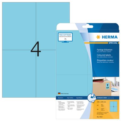 Herma No. 4563 kék színű 105 x 148 mm méretű, univerzálisan nyomtatható, matt felületű öntapadós etikett címke, visszaszedhető ragasztóval A4-es íven - kiszerelés: 80 címke / 20 ív