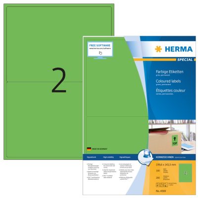 Herma No. 4569 zöld színű 199,6 x 143,5 mm méretű, univerzálisan nyomtatható, matt felületű öntapadós etikett címke, permanens ragasztóval A4-es íven - kiszerelés: 200 címke / 100 ív