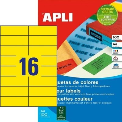 APLI No. 12976 sárga színű 105 x 37 mm méretű, univerzálisan nyomtatható, öntapadós etikett címke, permanens ragasztóval A4-es íven - kiszerelés: 1600 címke / 100 ív (LCA12976)