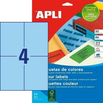 APLI No. 12992 kék színű 105 x 148 mm méretű, univerzálisan nyomtatható, öntapadós etikett címke, permanens ragasztóval A4-es íven - kiszerelés: 80 címke / 20 ív (LCA12992)