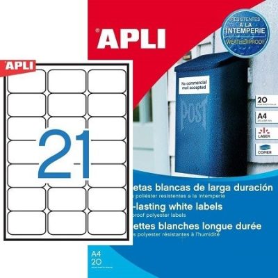 APLI No. 15088 fehér színű 63,5 x 38,1 mm méretű, lézernyomtatóval nyomtatható, öntapadós időjárásálló etikett címke, erős, tartós ragasztóval A4-es íven - kiszerelés: 420 címke / 20 ív (LCA15088)