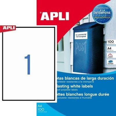 APLI No. 12121 fehér színű 210 x 297 mm méretű, lézernyomtatóval nyomtatható, öntapadós időjárásálló etikett címke, erős, tartós ragasztóval A4-es íven - kiszerelés: 100 címke / 100 ív (LCA12121)