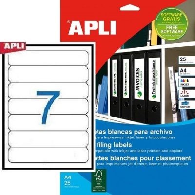 APLI No. 01232 fehér színű 190 x 38 mm méretű, univerzálisan nyomtatható, öntapadós iratrendező címke, permanens ragasztóval A4-es íven - kiszerelés: 175 címke / 25 ív (LCA1232)