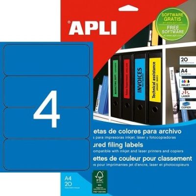 APLI No. 01375 kék színű 190 x 61 mm méretű, univerzálisan nyomtatható, öntapadós iratrendező címke, permanens ragasztóval A4-es íven - kiszerelés: 80 címke / 20 ív (LCA1375)