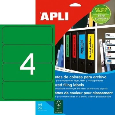 APLI No. 01377 zöld színű 190 x 61 mm méretű, univerzálisan nyomtatható, öntapadós iratrendező címke, permanens ragasztóval A4-es íven - kiszerelés: 80 címke / 20 ív (LCA1377)