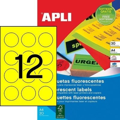 APLI No. 02866 neon sárga színű 60 mm átmérőjű, lézernyomtatóval nyomtatható, öntapadós etikett címke, permanens ragasztóval A4-es íven - kiszerelés: 240 címke / 20 ív (LCA2866)