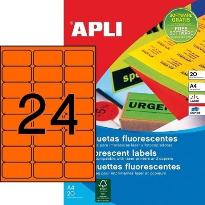 APLI No. 02871 neon narancssárga színű 64 x 33,9 mm méretű, lézernyomtatóval nyomtatható, öntapadós etikett címke, permanens ragasztóval A4-es íven - kiszerelés: 480 címke / 20 ív (LCA2871)