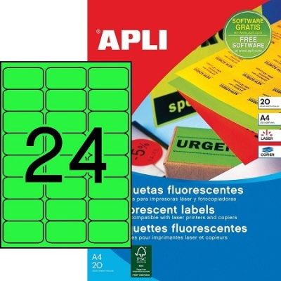 APLI No. 02873 neon zöld színű 64 x 33,9 mm méretű, lézernyomtatóval nyomtatható, öntapadós etikett címke, permanens ragasztóval A4-es íven - kiszerelés: 480 címke / 20 ív (LCA2873)