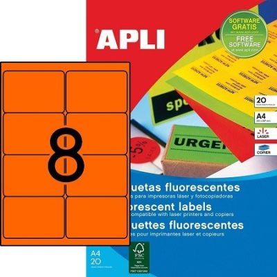 APLI No. 02875 neon narancssárga színű 99,1 x 67,7 mm méretű, lézernyomtatóval nyomtatható, öntapadós etikett címke, permanens ragasztóval A4-es íven - kiszerelés: 160 címke / 20 ív (LCA2875)