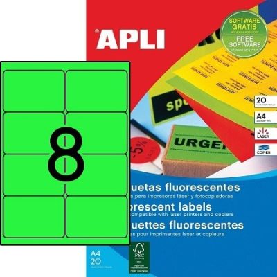 APLI No. 02877 neon zöld színű 99,1 x 67,7 mm méretű, lézernyomtatóval nyomtatható, öntapadós etikett címke, permanens ragasztóval A4-es íven - kiszerelés: 160 címke / 20 ív (LCA2877)