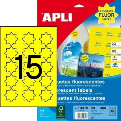 APLI No. 10370 neon sárga színű 35 mm átmérőjű méretű, lézernyomtatóval nyomtatható, öntapadós etikett címke, permanens ragasztóval A4-es íven - kiszerelés: 300 címke / 20 ív (LCA10370)