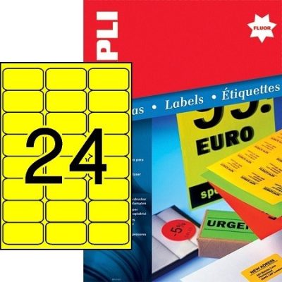 APLI No. 12981 neon sárga színű 64 x 33,9 mm méretű, lézernyomtatóval nyomtatható, öntapadós etikett címke, permanens ragasztóval A4-es íven - kiszerelés: 2400 címke / 100 ív (LCA12981)
