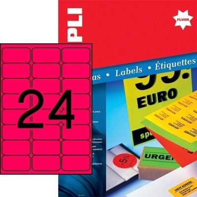 APLI No. 12983 neon piros színű 64 x 33,9 mm méretű, lézernyomtatóval nyomtatható, öntapadós etikett címke, permanens ragasztóval A4-es íven - kiszerelés: 2400 címke / 100 ív (LCA12983)