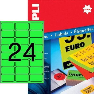 APLI No. 12984 neon zöld színű 64 x 33,9 mm méretű, lézernyomtatóval nyomtatható, öntapadós etikett címke, permanens ragasztóval A4-es íven - kiszerelés: 2400 címke / 100 ív (LCA12984)