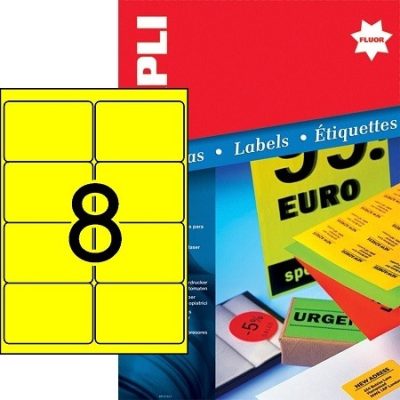 APLI No. 12985 neon sárga színű 99,1 x 67,7 mm méretű, lézernyomtatóval nyomtatható, öntapadós etikett címke, permanens ragasztóval A4-es íven - kiszerelés: 800 címke / 100 ív (LCA12985)