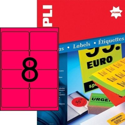 APLI No. 12987 neon piros színű 99,1 x 67,7 mm méretű, lézernyomtatóval nyomtatható, öntapadós etikett címke, permanens ragasztóval A4-es íven - kiszerelés: 800 címke / 100 ív (LCA12987)