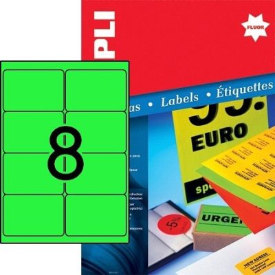 APLI No. 12988 neon zöld színű 99,1 x 67,7 mm méretű, lézernyomtatóval nyomtatható, öntapadós etikett címke, permanens ragasztóval A4-es íven - kiszerelés: 800 címke / 100 ív (LCA12988)