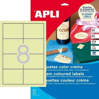 APLI No. 11801 krémszínű 97 x 67,7 mm méretű, univerzálisan nyomtatható, öntapadós etikett címke, permanens ragasztóval A4-es íven - kiszerelés: 160 címke / 20 ív (LCA11801)