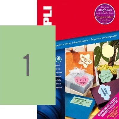 APLI No. 11847 pasztell zöld színű 210 x 297 mm méretű, univerzálisan nyomtatható, öntapadós etikett címke, permanens ragasztóval A4-es íven - kiszerelés: 20 címke / 20 ív (LCA11847)