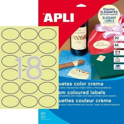 APLI No. 11799 krémszínű 63,5 x 42,3 mm méretű, univerzálisan nyomtatható, öntapadós, ovális alakú etikett címke, permanens ragasztóval A4-es íven - kiszerelés: 360 címke / 20 ív (LCA11799)