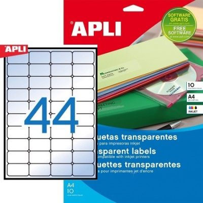 APLI No. 10050 víztiszta, átlátszó 48,5 x 25,4 mm méretű, tintasugaras nyomtatóval nyomtatható, öntapadós etikett címke, permanens ragasztóval A4-es íven - kiszerelés: 440 címke / 10 ív (LCA10050)