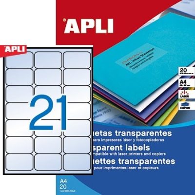 APLI No. 10968 átlátszó 63,5 x 38,1 mm méretű, lézernyomtatóval nyomtatható, öntapadós időjárásálló etikett címke, permanens ragasztóval A4-es íven - kiszerelés: 420 címke / 20 ív (LCA10968)