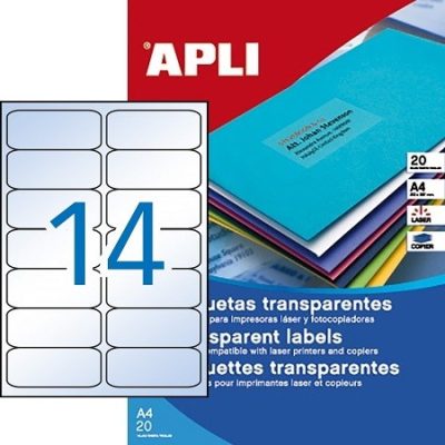 APLI No. 10969 átlátszó 99,1 x 38,1 mm méretű, lézernyomtatóval nyomtatható, öntapadós időjárásálló etikett címke, permanens ragasztóval A4-es íven - kiszerelés: 280 címke / 20 ív (LCA10969)