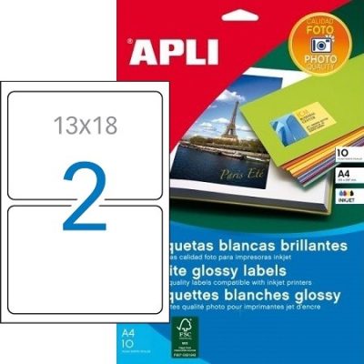 APLI No. 02925 fehér színű 178 x 127 mm méretű, tintasugaras nyomtatóval nyomtatható, fényes felületű öntapadós etikett címke, permanens ragasztóval A4-es íven - 20 címke / 10 ív (LCA2925)