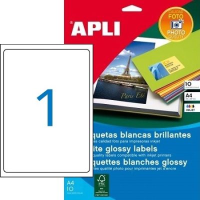 APLI No. 02926 fehér színű 199,6 x 289,1 mm méretű, tintasugaras nyomtatóval nyomtatható, fényes felületű öntapadós etikett címke, permanens ragasztóval A4-es íven - 10 címke / 10 ív (LCA2926)