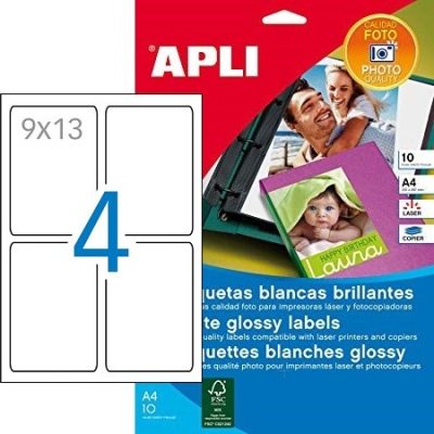 APLI No. 10061 fehér színű 88,9 x 127 mm méretű, lézernyomtatóval nyomtatható, fényes felületű öntapadós etikett címke, permanens ragasztóval A4-es íven - 40 címke / 10 ív (LCA10061)