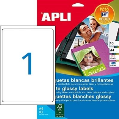 APLI No. 10065 fehér színű 199,6 x 289,1 mm méretű, lézernyomtatóval nyomtatható, fényes felületű öntapadós etikett címke, permanens ragasztóval A4-es íven - 10 címke / 10 ív (LCA10065)