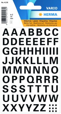 Herma Vario No. 4158 fekete színű, 10 mm magasságú, időjárásálló öntapadó betűk, karakterek: A-Z - kiszerelés: 1 ív / csomag (Herma No. 4158)