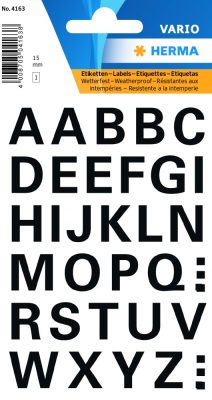 Herma Vario No. 4163 fekete színű, 15 mm magasságú, időjárásálló öntapadó betűk, karakterek: A-Z - kiszerelés: 1 ív / csomag (Herma No. 4163)