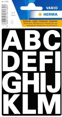 Herma Vario No. 4169 fehér színű, 25 mm magasságú, időjárásálló öntapadó betűk, karakterek: A-Z - kiszerelés: 2 ív / csomag (Herma No. 4169)