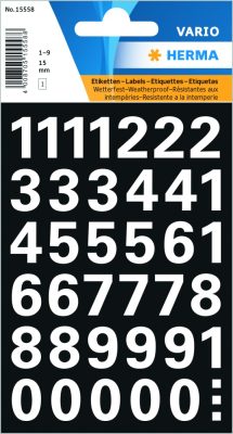 Herma Vario No. 15558 fehér színű, 15 mm magasságú, időjárásálló öntapadó számok, karakterek: 0-9 - kiszerelés: 1 ív / csomag (Herma No. 15558)