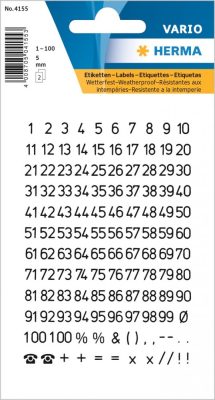 Herma Vario No. 4155 fekete színű, 5 mm magasságú, időjárásálló öntapadó számok, karakterek: 1-100 - kiszerelés: 2 ív / csomag (Herma No. 4155)