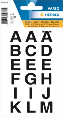 Herma Vario No. 4135 fekete színű, 15 mm magasságú, időjárásálló öntapadó betűk, karakterek: A-Z - kiszerelés: 2 ív / csomag (Herma No. 4135)