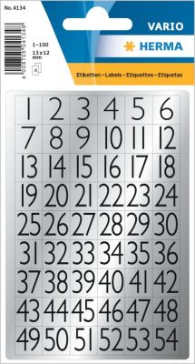 Herma Vario No. 4134 fekete színű, 9 mm magasságú, öntapadó számok, ezüst színű fólián, karakterek: 1-100 - kiszerelés: 4 ív / csomag (Herma No. 4134)
