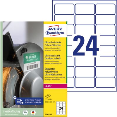 Avery Zweckform No. L7912-40 fehér színű 63,5 x 33,9 mm méretű, lézernyomtatóval nyomtatható, ultra ellenálló öntapadós etikett címke, erős, tartós ragasztóval A4-es íven - kiszerelés: 960 címke / 40 ív