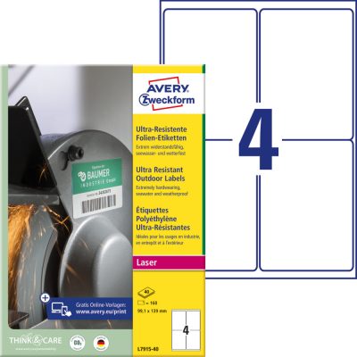 Avery Zweckform No. L7915-40 fehér színű 99,1 x 139 mm méretű, lézernyomtatóval nyomtatható, ultra ellenálló öntapadós etikett címke, erős, tartós ragasztóval A4-es íven - kiszerelés: 160 címke / 40 ív