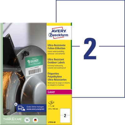 Avery Zweckform No. L7916-40 fehér színű 210 x 148 mm méretű, lézernyomtatóval nyomtatható, ultra ellenálló öntapadós etikett címke, erős, tartós ragasztóval A4-es íven - kiszerelés: 80 címke / 40 ív