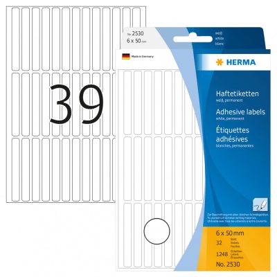 Herma No. 2530 fehér színű 6 x 50 mm méretű, kézzel írható, öntapadó etikett címke, általános felhasználásra, permanens ragasztóval - kiszerelés: 1248 címke / csomag