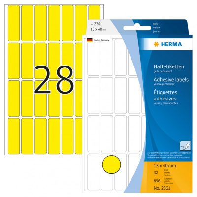 Herma No. 2361 sárga színű 13 x 40 mm méretű, kézzel írható, öntapadó etikett címke, általános felhasználásra, permanens ragasztóval - kiszerelés: 896 címke / csomag